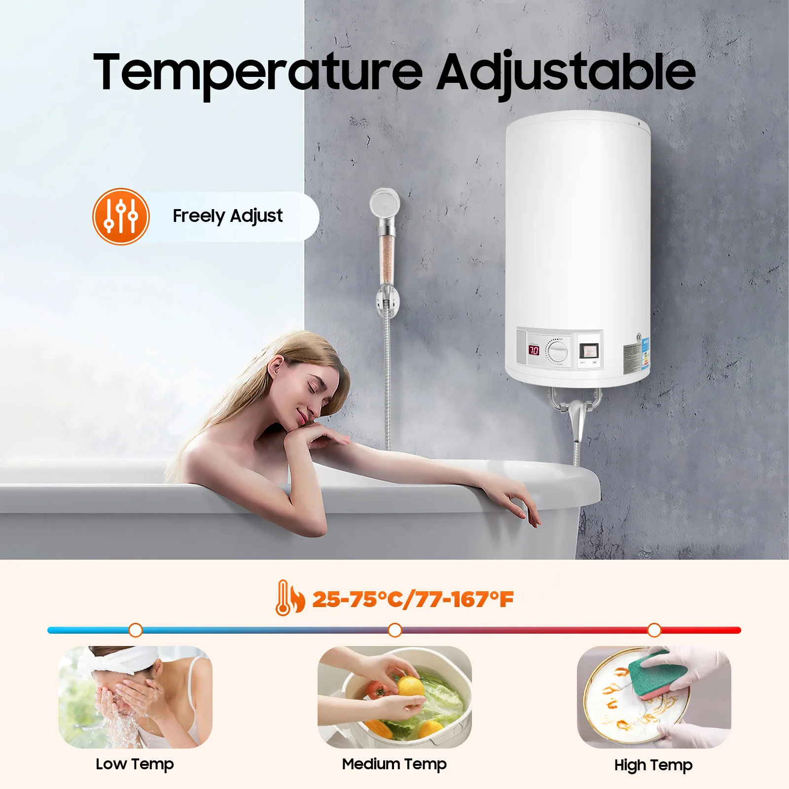 Chauffe-eau électrique mural de 7,7 gallons, 2000W, système de chauffage stable, équipé d'un support pour douchette, réservoir d'eau chaude isolé anti-fuite et sûr, pour salle de bain, hôtel, chambre d'hôtes, alimentation de douche familiale