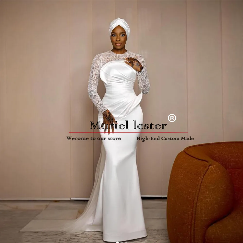 

Luxury Crystals Beaded Mermaid Wedding Dresses 2024 Muslim Style Long Sleeves O Neck Bridal Gowns Tailored Made African Clothing