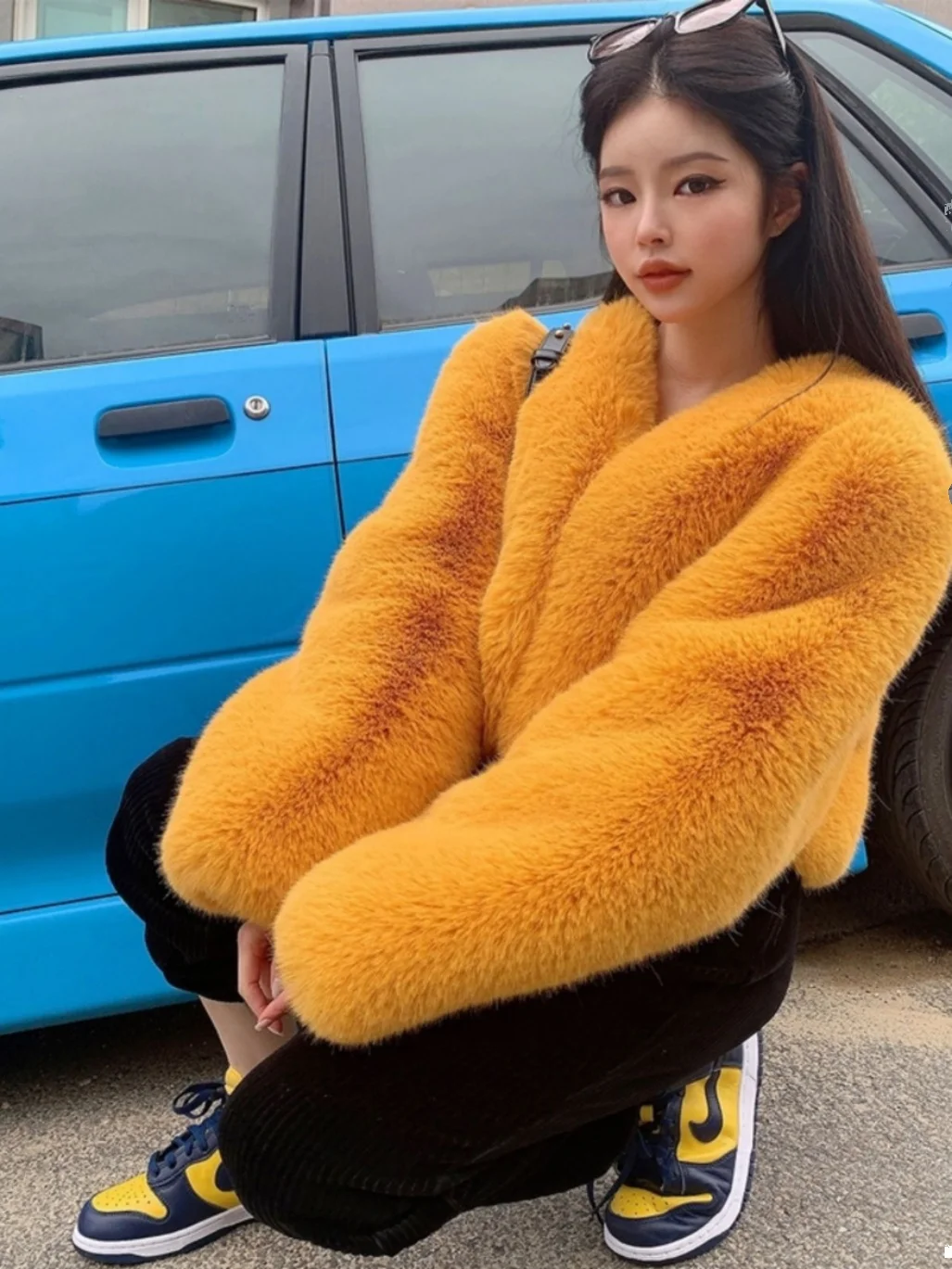 Cappotto in pelliccia di agnello da donna Thiened V-ne Trendy Simulazione di pelliccia di coniglio Cappotto grande Pendolarismo Sle Vita alta Bordo lungo S...