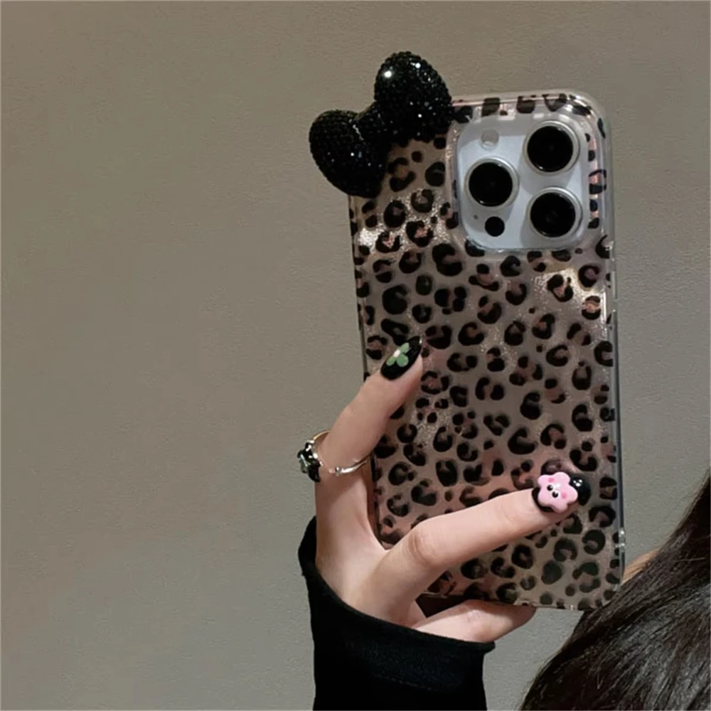 Korean Stylish Leopard Print Laser Phone Case For Iphone 16 15 14 11 13 12 Pro Max 14 Plus Luxury Rhinestone Bowknot Soft Cover