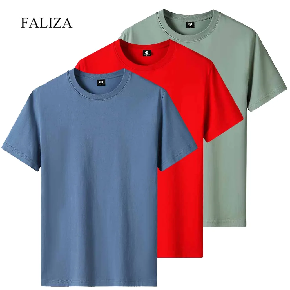 

FALIZA 3 Pcs/Lot Men T-Shirt Fashion Solid Color Cotton Casual Man Short Sleeve T Shirts High Quality Summer Tee Clothing MTX157