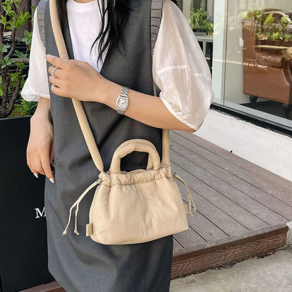 Casual Solid Color Drawstring Tote Bag Dual-purpose Soft Nylon Padded Tote Bag Makeup Bag Handbag Puffer Backpack Work