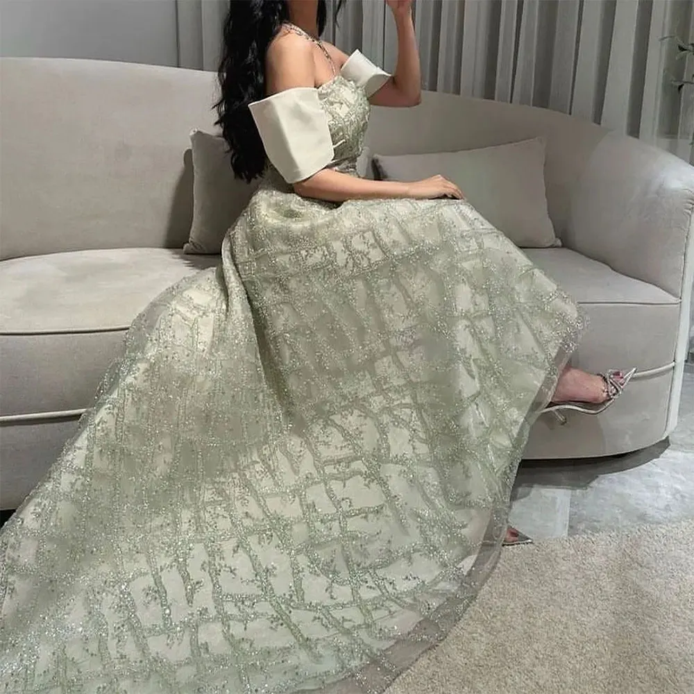 Matcha Green Strapless Lace Evening Dresses With Train Short Sleeves  A-line Ball Gowns Middle Eastern Women Formal Party Dress