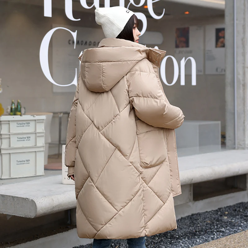 Winter Rhombic Lattice Loose Cotton Jacket Coat Women\'s Solid Color Big Pocket Hooded Jackets Casual Medium Long Parka 2023 New