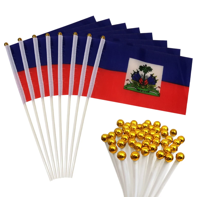 aerlxemrbrae    100pcs/lot  Haiti hand waving Flag 14*21cm Polyester Double Side Printing HT  with plastic flagpole