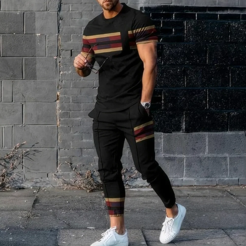 

New men's rainbow striped printed breathable and comfortable round neck T-shirt pants set for outdoor fashion and casual wear