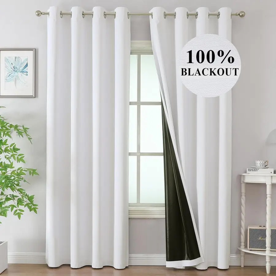 

Белые светонепроницаемые шторы (100% блокировка света) для спальни, термоизолирующие, полностью затемняющие, на кольцах, 84 дюйма, 2 шторы для гостиной