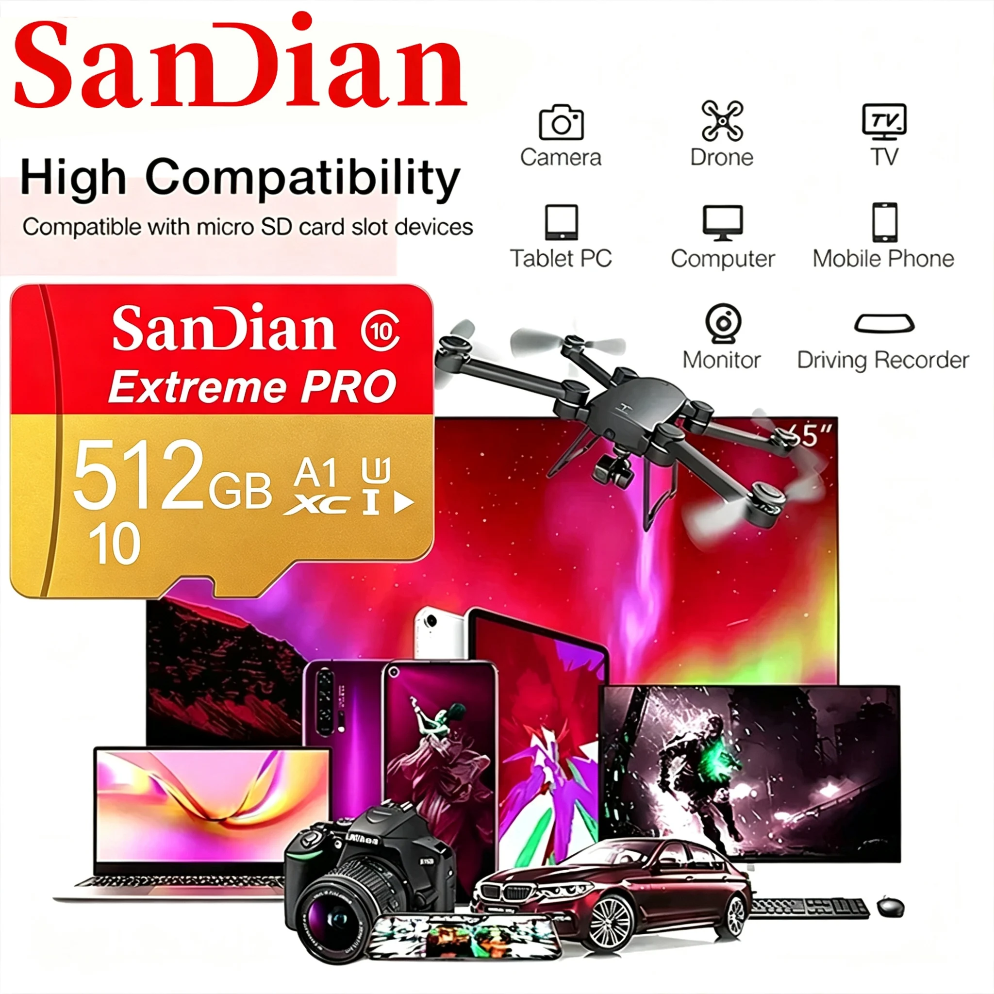 Micro TF SD Card 64GB 256GB 512GB 128GB Memory Card SD Cards TF Cards A1 Write 80MB/s for Laptop/Desktop/Car DVR/Car Camera