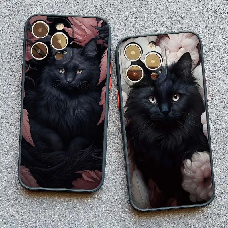 Zwarte Kat Schattige Dieren Cartoon Grijze Bloem Telefoonhoesje Voor Iphone 12 13 Mini Xr Xs X 11 13 12 14 15 Pro Max 15 14 7 8 Plus Hoes