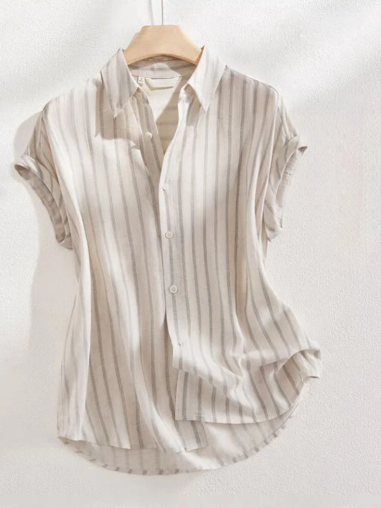 Casual Women's Stripe Short Sleeve Linen Shirt Summer Fashion Top Outlet Brand Commute Style Slim Fit  Collar Thin Material