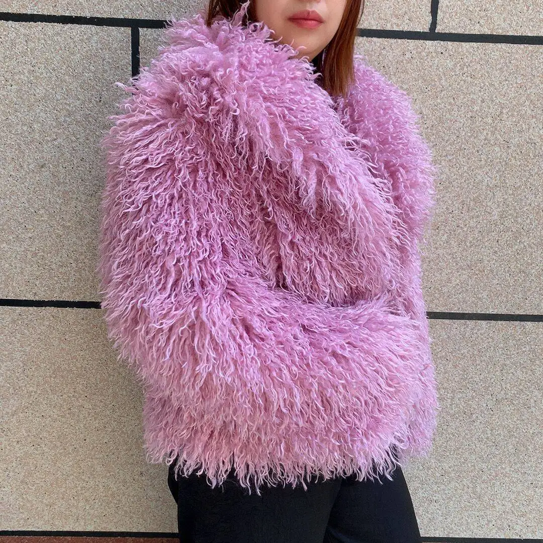 Women's Mongolian fur coat Faux fur coat fashionable fluffy winter warm long sleeved Imitation Mongolian fur collar coat