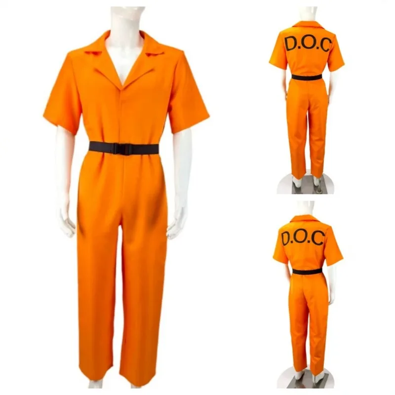 Disfraz completo de preso naranja de una pieza, estilo prisionero estadounidense, adaptado para Halloween, carnaval, o temática de cárteras de miedo.