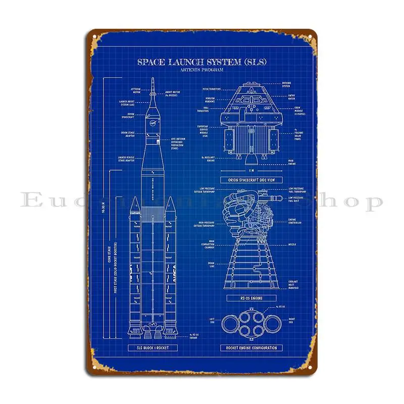 Space Launch System Sls Artemis Program Blueprint Vertical Metal Signs Rusty Cinema Garage Decoration Character Tin Sign Poster