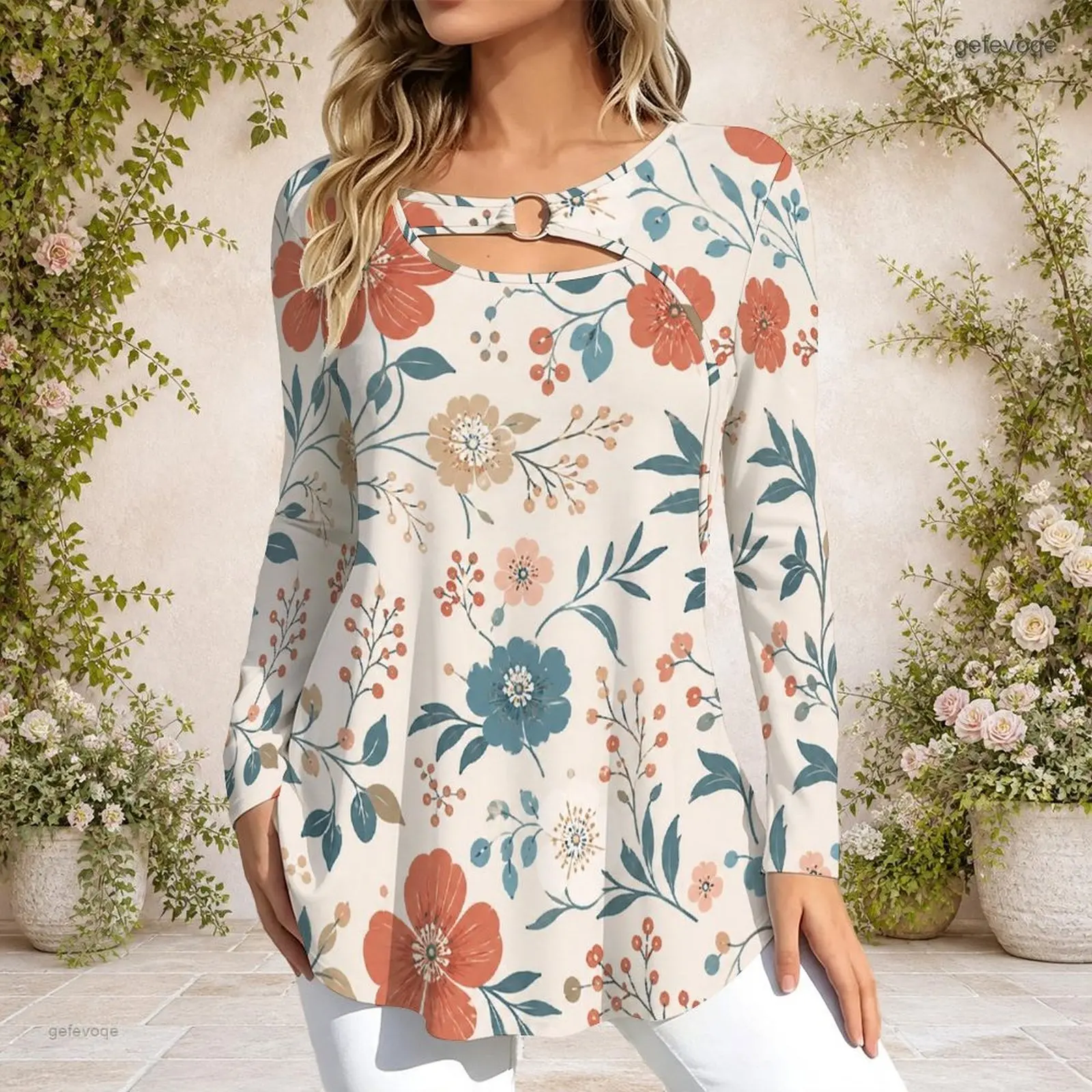 Printed Top for Women Keyhole Ring Neck Long Sleeve Flared Hem