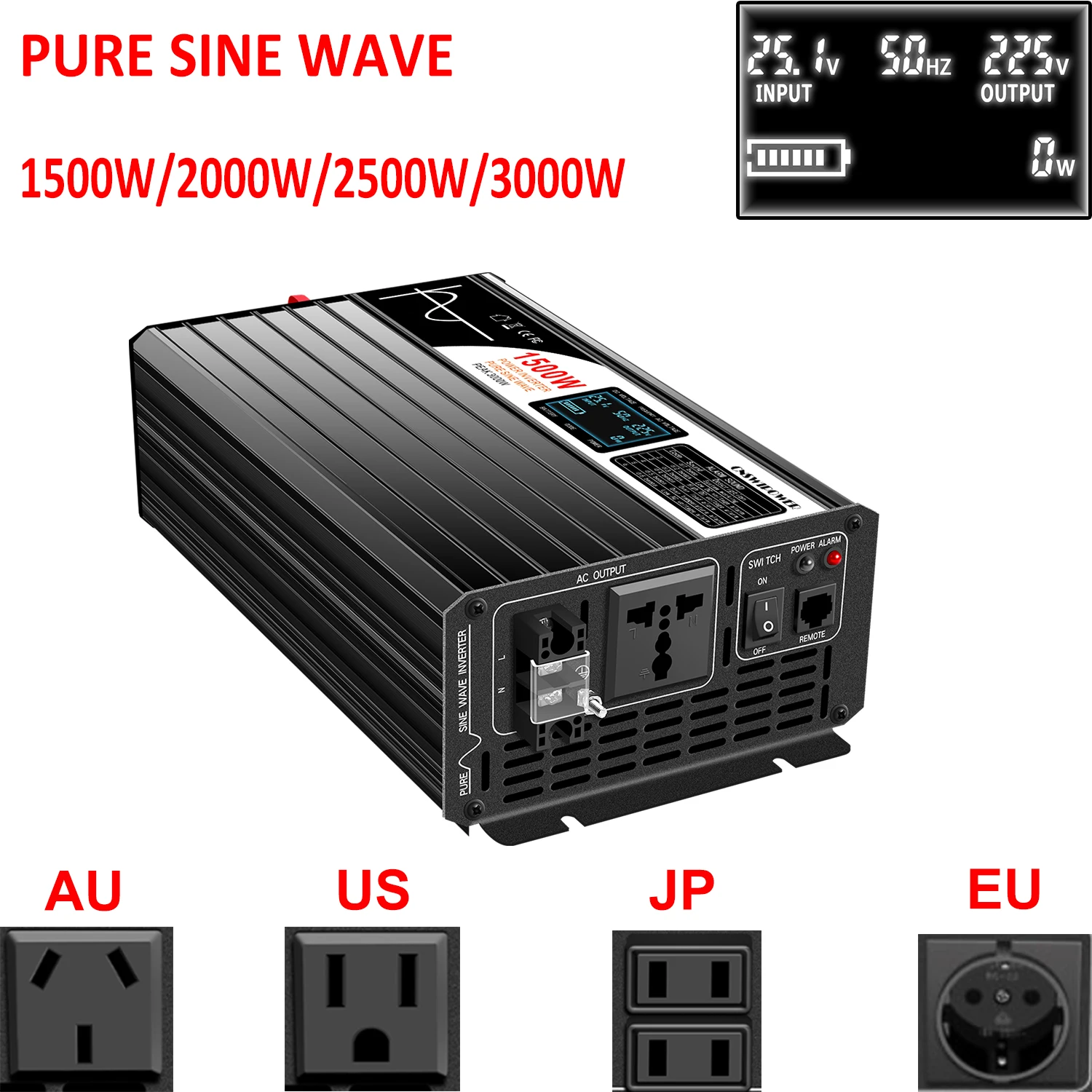 Inversor de Energia Solar de Onda Senoidal Pura Painel Lcd ca 1500w 2000w 2500w 3000w 12v 24v 48v dc para 110v 220v