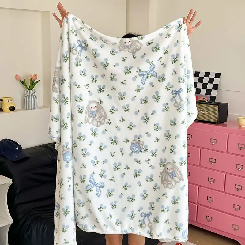Ins Style Blue Tone Bunny Milk Fleece Throw Blanket, Summer Air Conditioning Blanket, Office Nap Shawl, Soft Plush Sofa Cover Bl