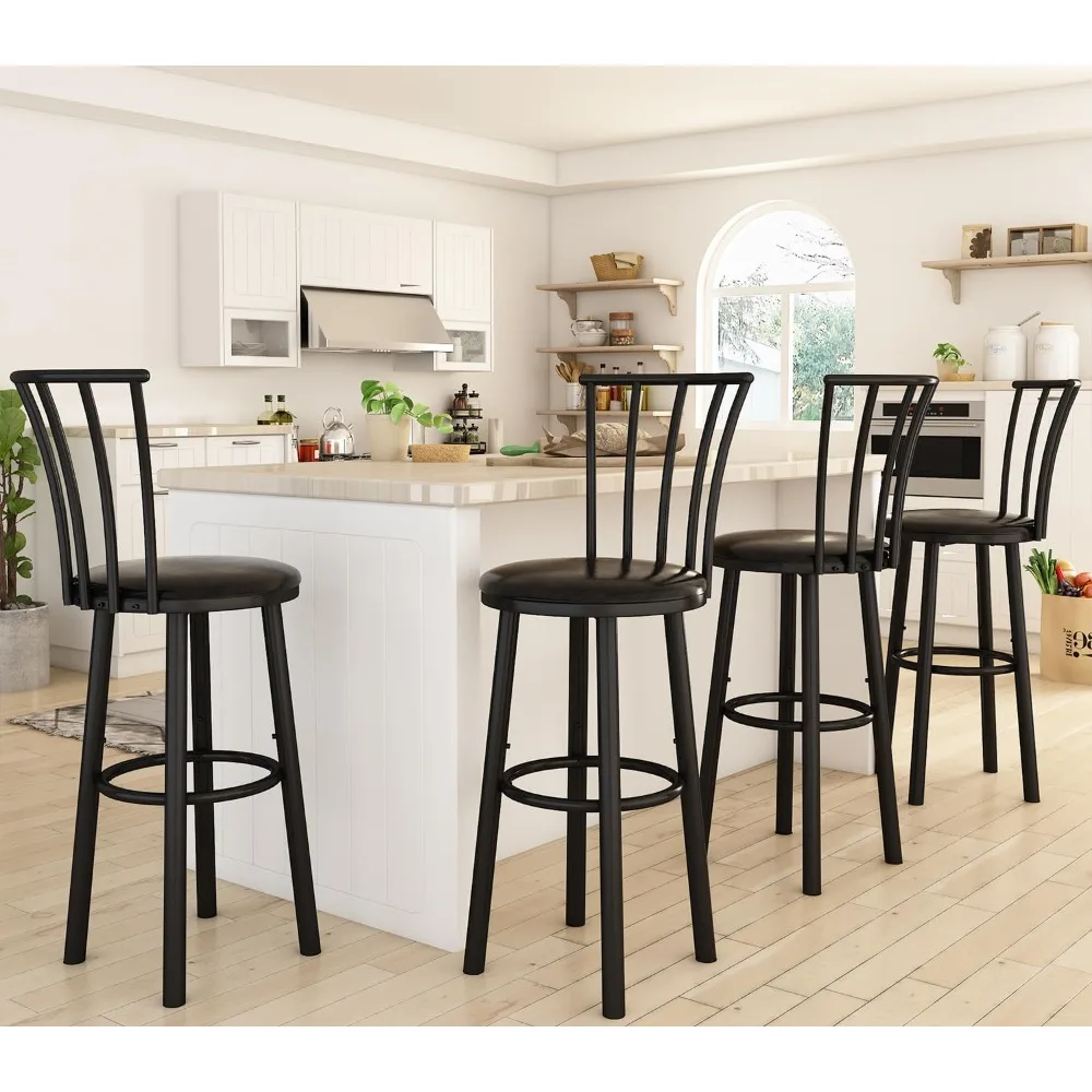 Zestaw 4 stołków barowych o wysokości lady, obrotowe stołki barowe 360° z oparciem i podnóżkiem, nowoczesne krzesła kuchenne na wyspę, krzesła barowe z regulacją wysokości, 27 cali