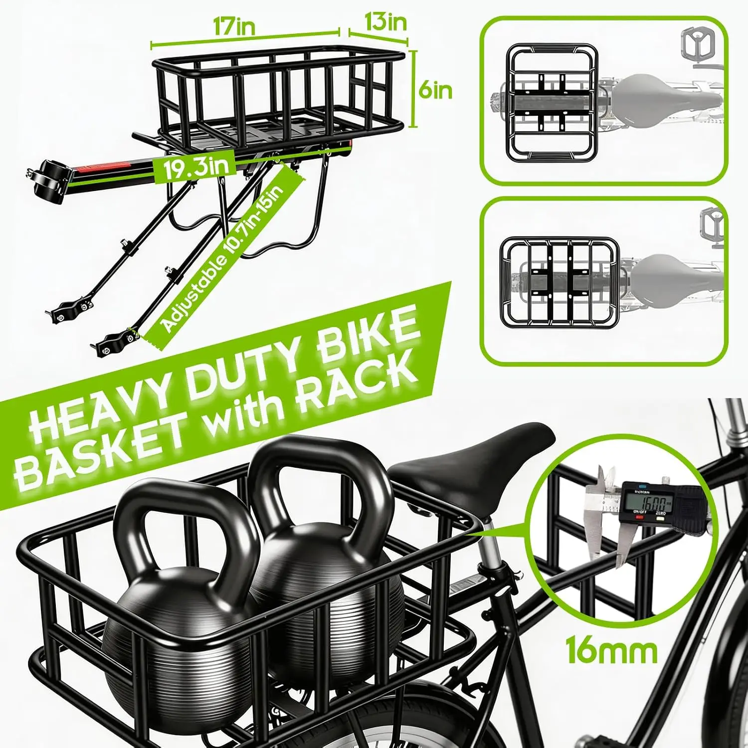 Rear Bike Cargo Rack With Storage Basket Mudguard Heavy Duty Bicycle Luggage Carrier Box Universal Mounting Accessories Aluminum Alloy Frame Waterproof Cover Net Black view 4