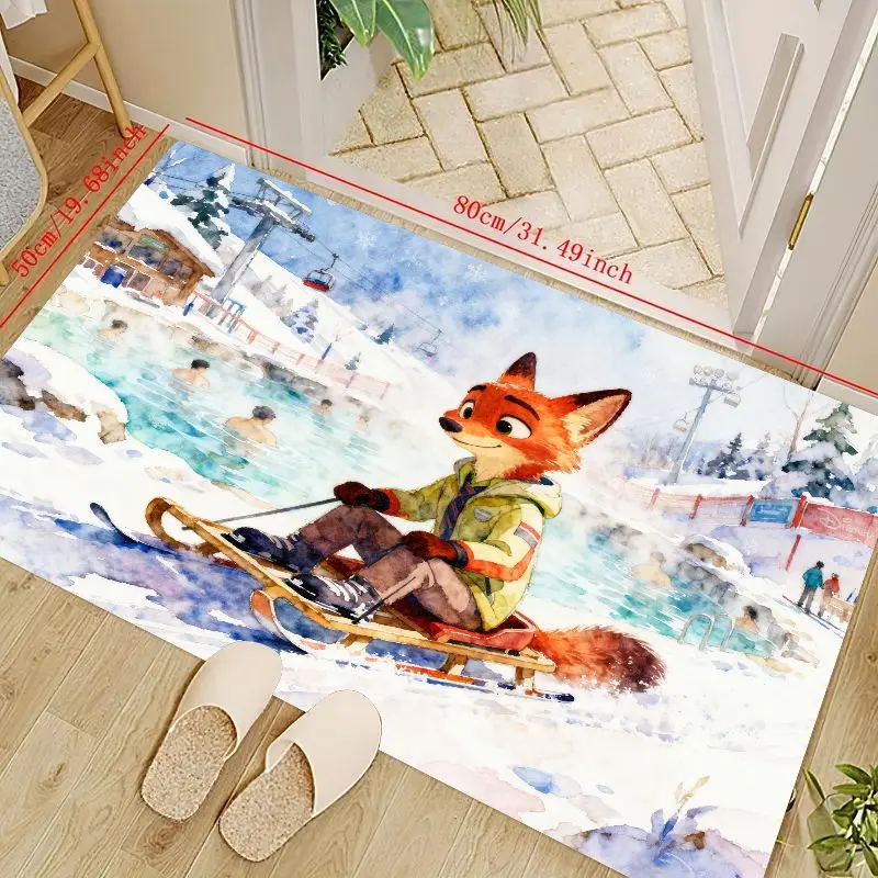

1PC Zootopia Nick Wilde Fox Watercolor Floor Mat, Winter Snowy Ski Resort & Hot Spring Scene Non-Slip Area Rug for Kids Room Pla