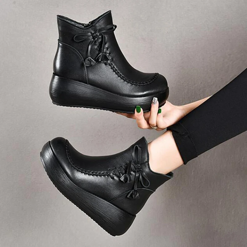 GKTINOO Ankle Women Boots Genuine Leather Round Toe Women Shoes Zip 2024 New Wedges Handmade Leisure Platform Boots Size 33-40