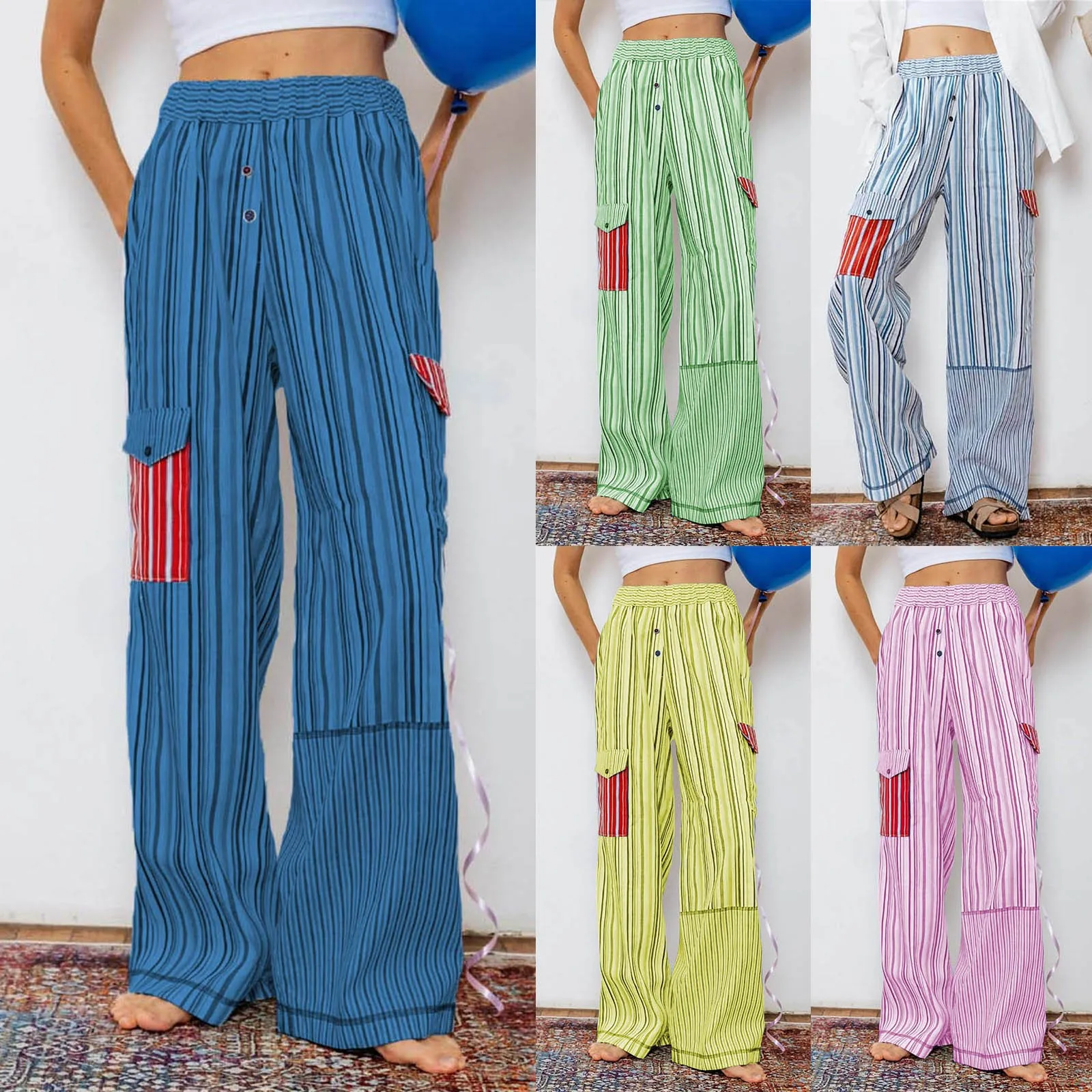 Women Striped Pants with Pockets Elastic Waist Casual Cargo Pants Female Loose Wide Leg Trousers Streetwear Spring Fall Clothes