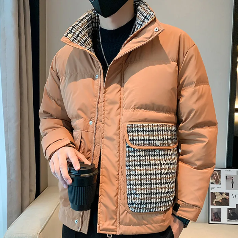 Stand Collar Houndstooth Stitching Duck Down Jacket Men Winter Fashion Thickened Business Coat Men Wear Duck Down Jacket Men