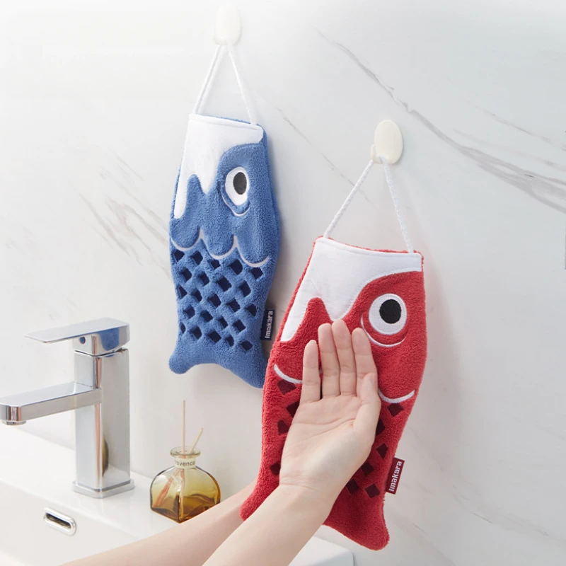 Cute Cartoon Koi Form Hanging Hand Towel Household Bathroom Children's Super Absorbent Handkerchief Square Kitchen Hand Towel