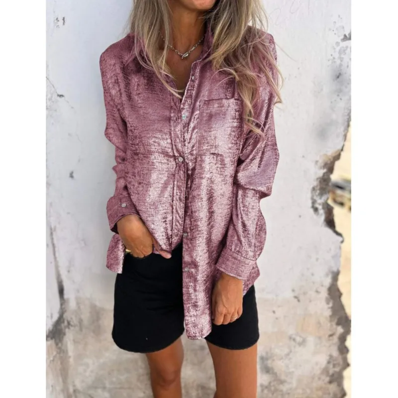 Women Shinny Golden Solid Shirt Fashion Blouse Vintage Loose Long Sleeved Shirt 2024 Spring Summer Casual Tops Blouse Streetwear