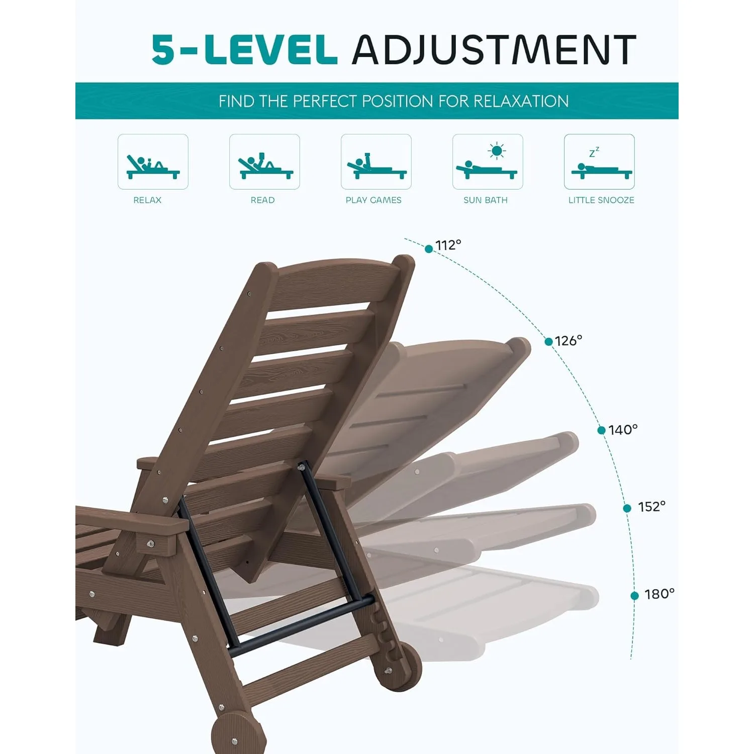 مجموعتان من كراسي صالة حمام السباحة الخارجية HDPE بطول 78 بوصة، 5 أوضاع قابلة للتعديل، مع عجلات وحاملات أكواب، لون القهوة