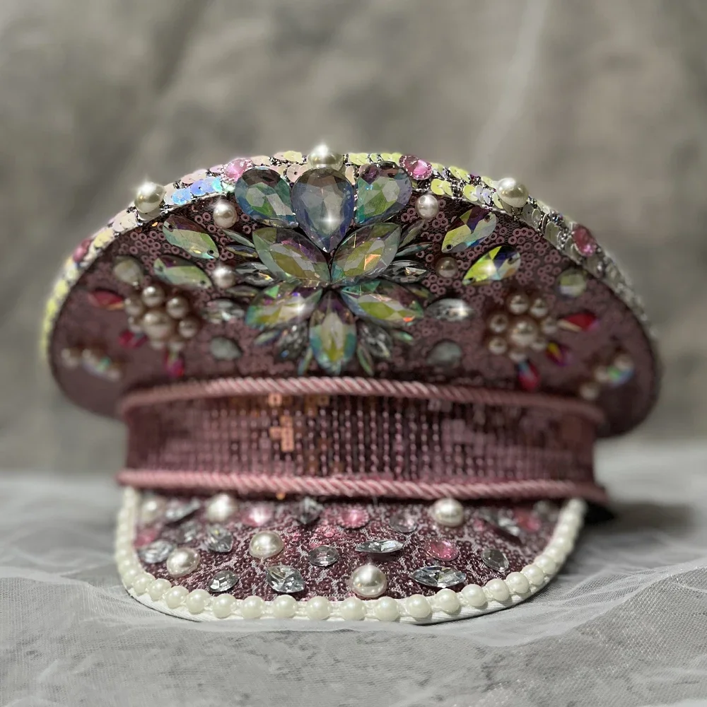 Women Pink Military Hat Sergeant Captain Hat Luxury Rhinestone Festival Birthday Part Hen Do Hat Wedding Bride Hat Can Customize
