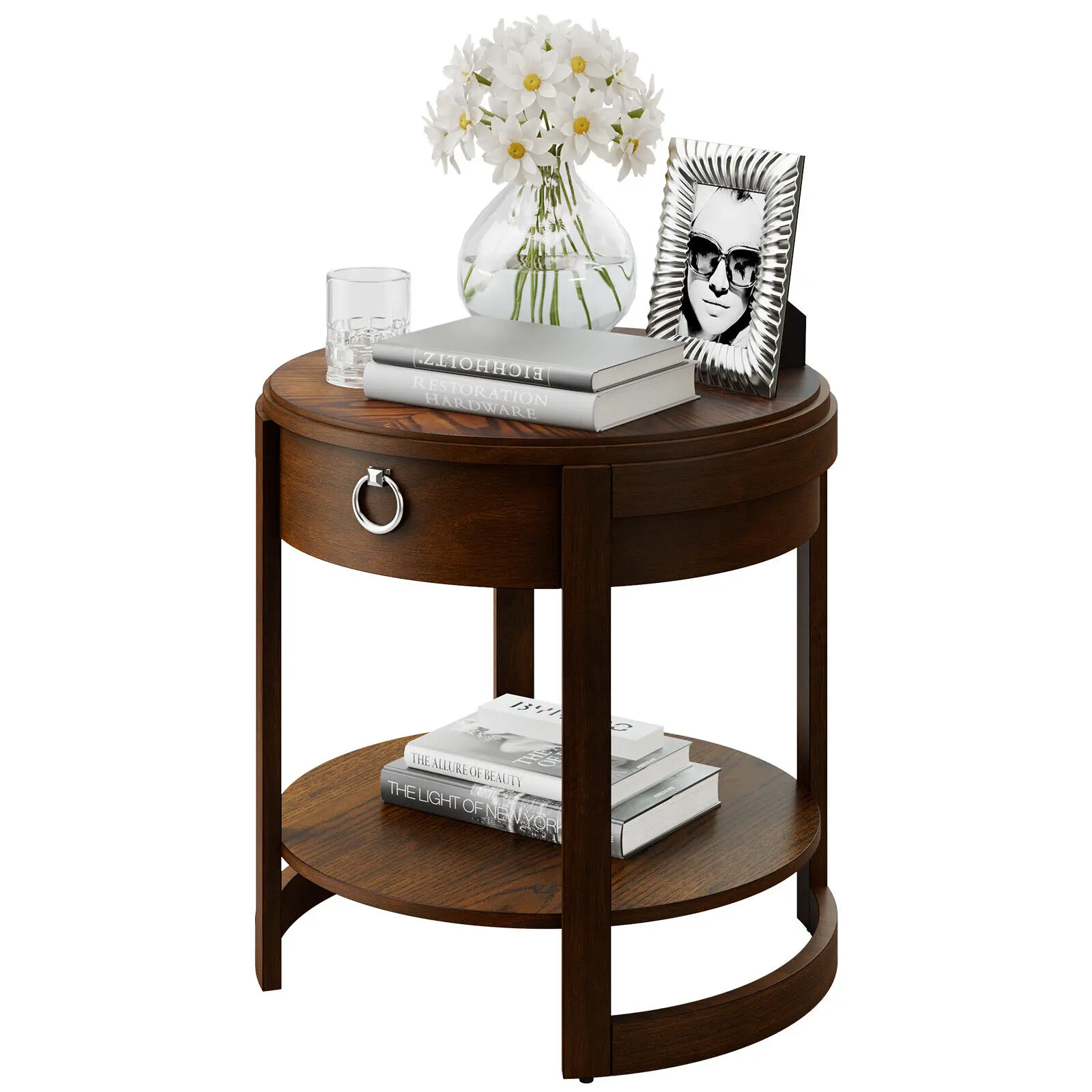 Costway Round Side End Table with Drawer Storage Shelf Classic Accents Nightstand Walnut