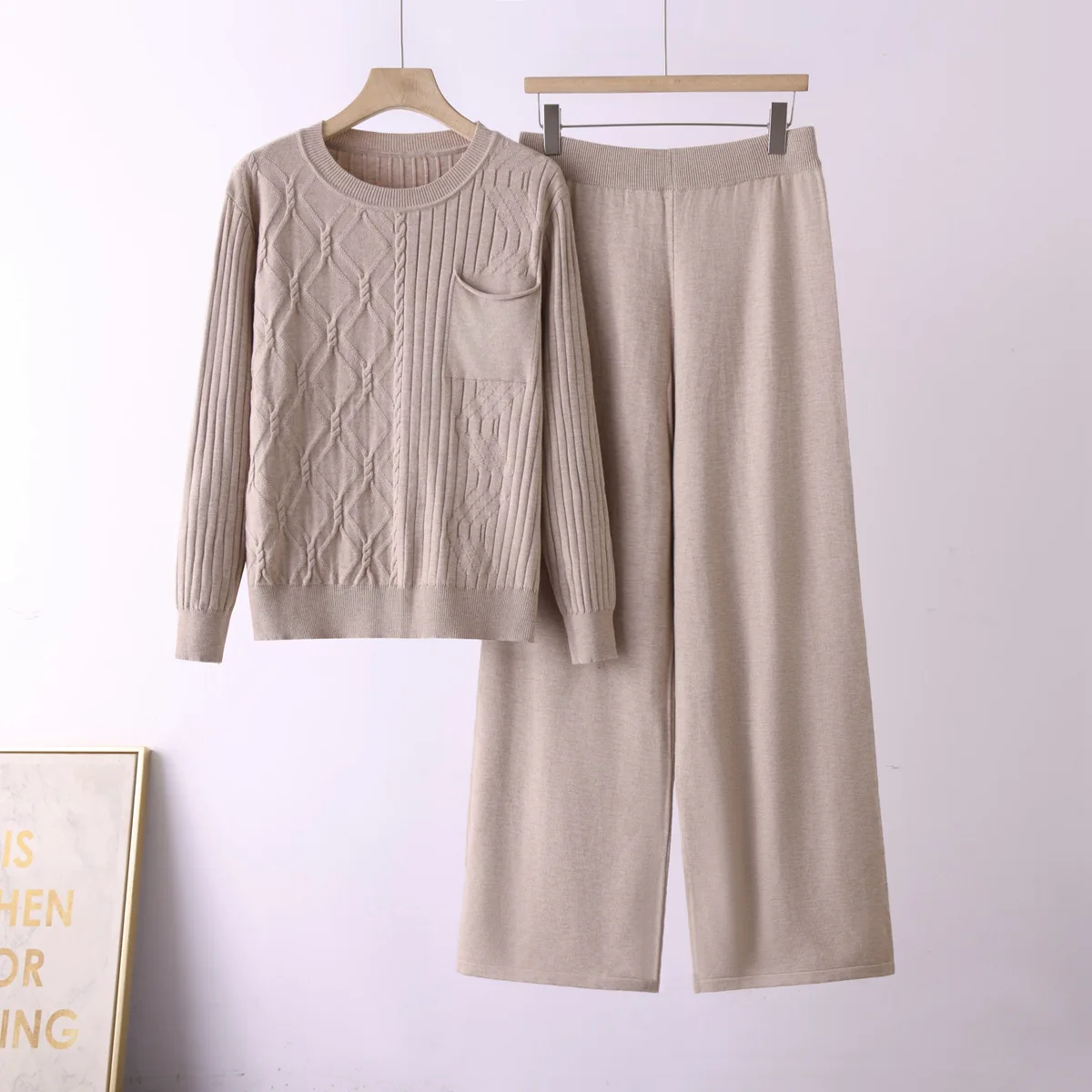 Europe, America, Soft Waxy Skin-friendly Round Neck With Pocket Knitted Retro Textured Top, Drape Wide-leg Pants Set