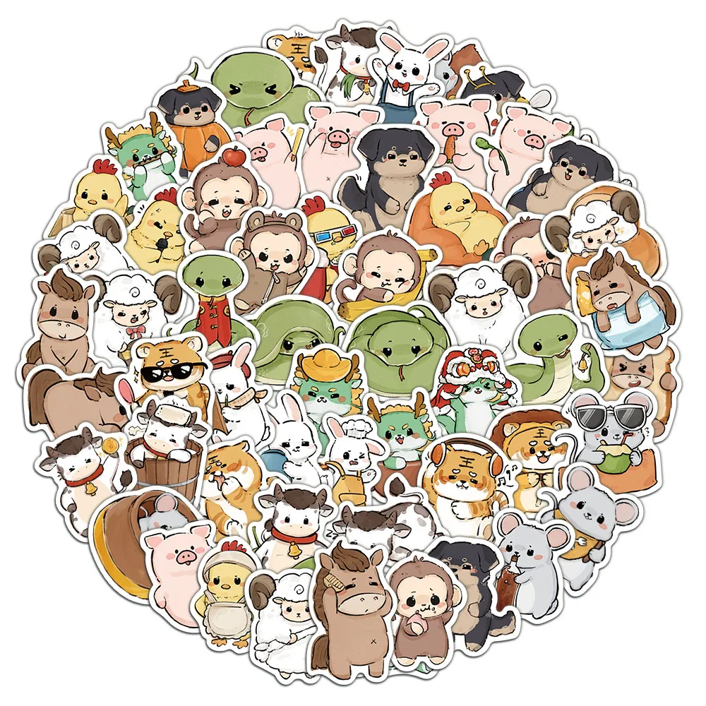 60PCS Creative Chinese Zodiac Stickers Cartoon Hand drawn Decoration Luggage Phone Case iPad Water Cup Hand Account DIY Stickers