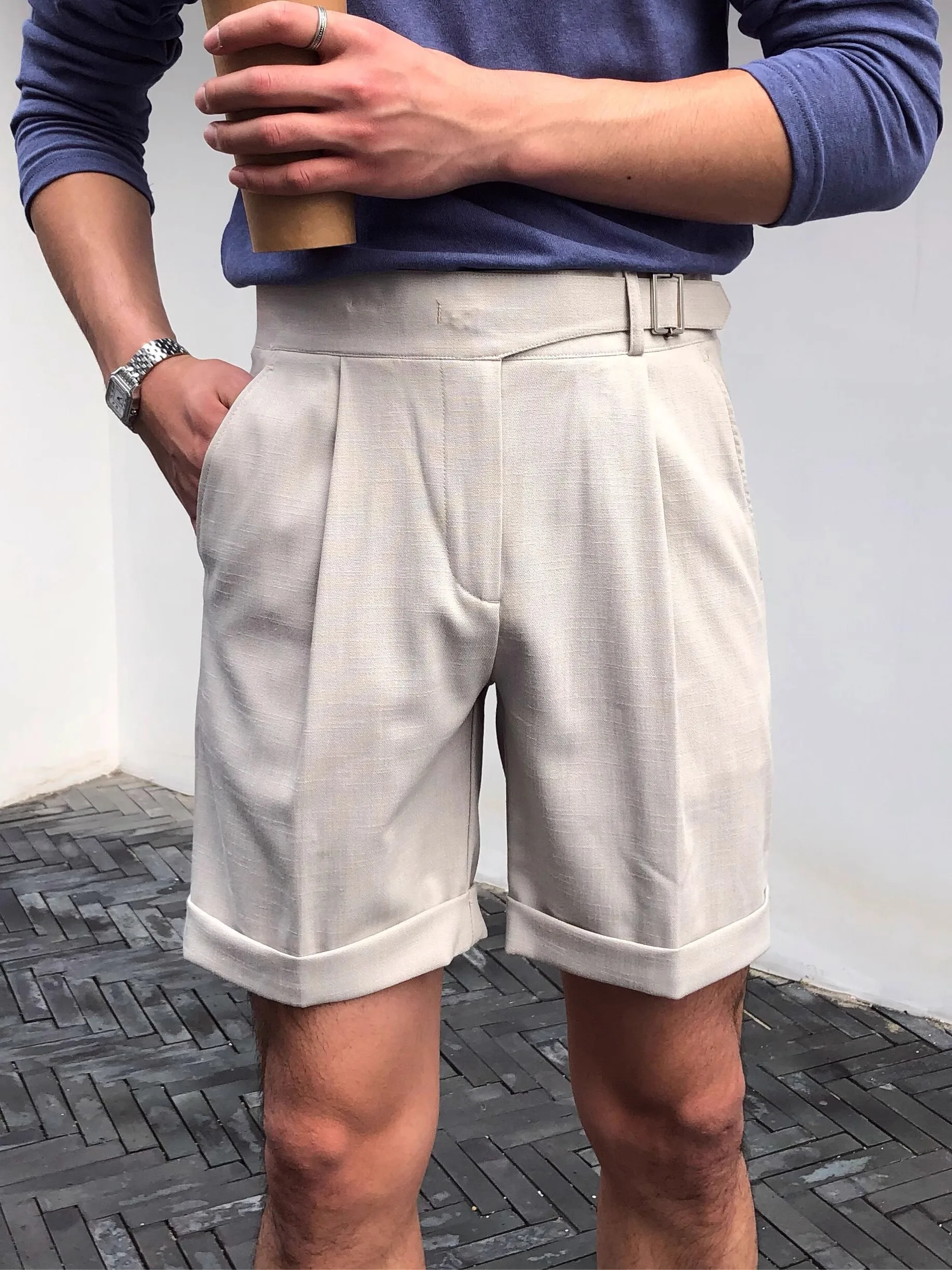 

Casual Mid-Waist orts Men's Summer Busin Straight Leg Creasel Casual Pants Naples Five-Point Suit Pants