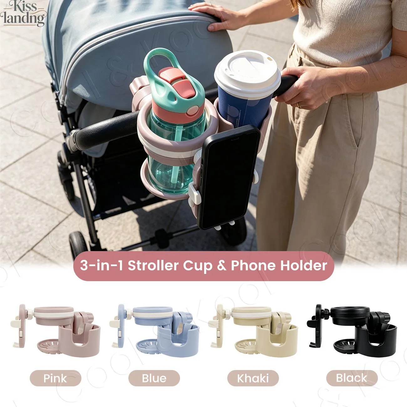 3-in-1 Stroller Cup Holder with Phone Holder, Universal Double Drink Organizer for Stroller, Wagon & Pushchair