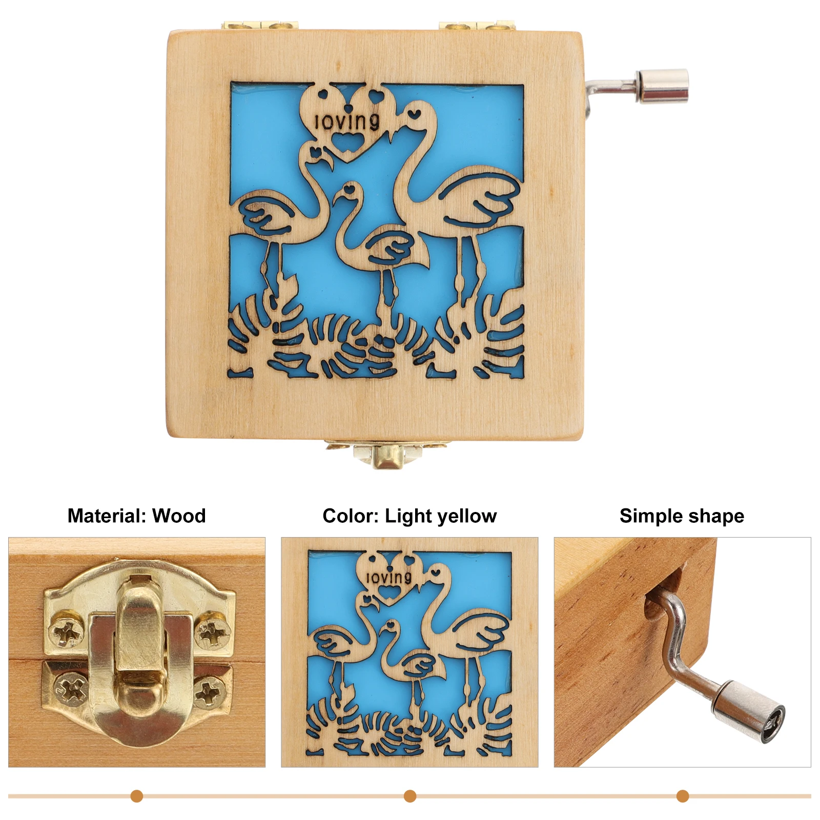 

1 pc Flamingo Music Box Wooden Hand Cranked Melody Box Vintage Desktop Decor Engraved Home Adornment Lovely Table Ornament