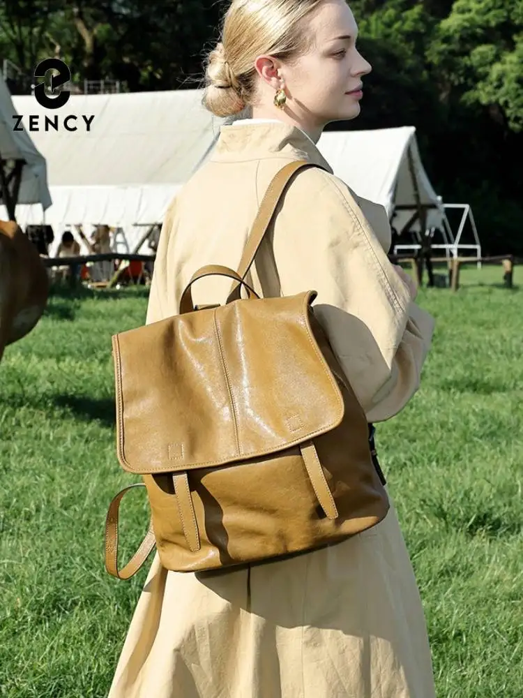 Zency Women Casual Backpack Soft Vegetable-tanned Leather Ladies Large Capacity Travel Bags Knapsack Rucksack For Commuters