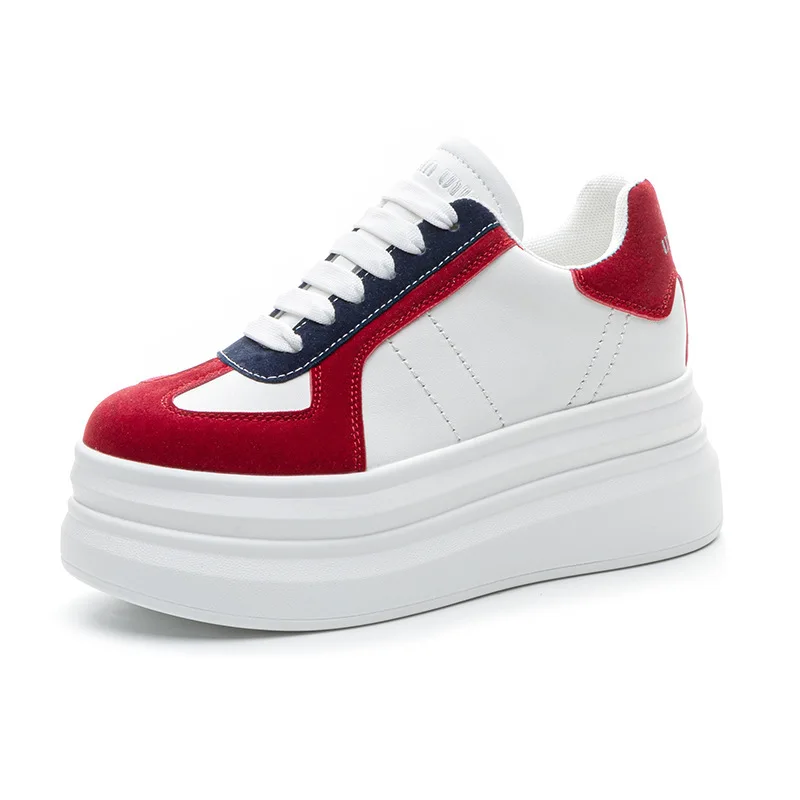 

8CM Genuine Leather Vulcanize High Brand Platform wedge Women Chunky Sneaker Flats Comfy Fashion Spring Autumn Vulcanize Shoes
