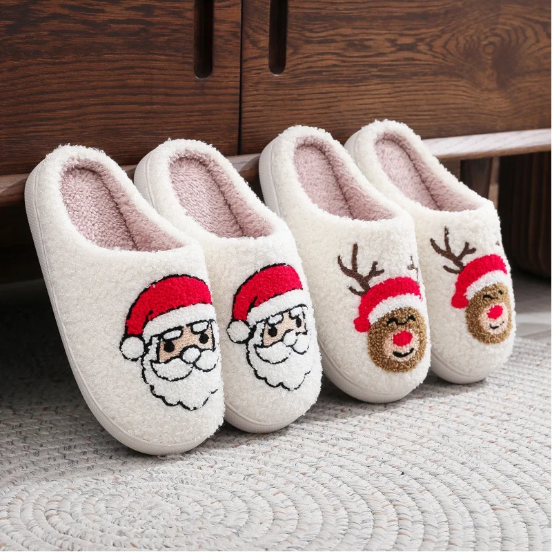 Christmas Santa  Reindeer Slippers for Couples Matching Plush Fuzzy Indoor Shoes His and Hers Cozy Winter Gifts with Thick Soft