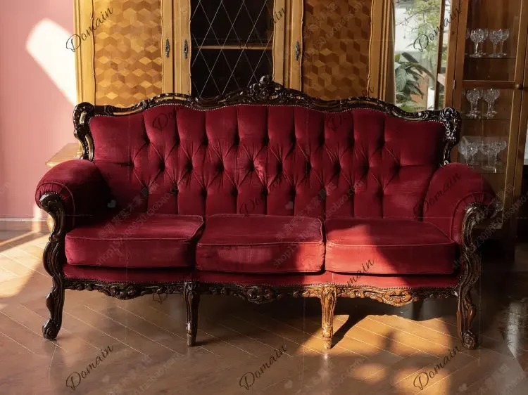 Jo Vintage French American Style Solid Wood Carved 3 Seater Sofa Velvet Fabric Luxury Antique Furniture For Villa Studio