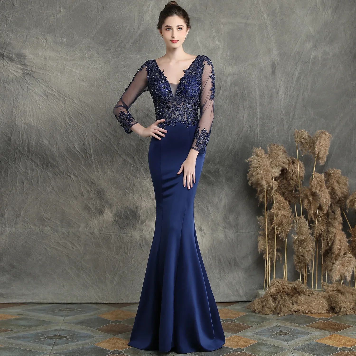 

Elegant Luxury Chic Curve Women Long Dresses Evening Prom Wedding Guest Bridesmaid Lace with Sleeves Lace Ankle Length V Neck