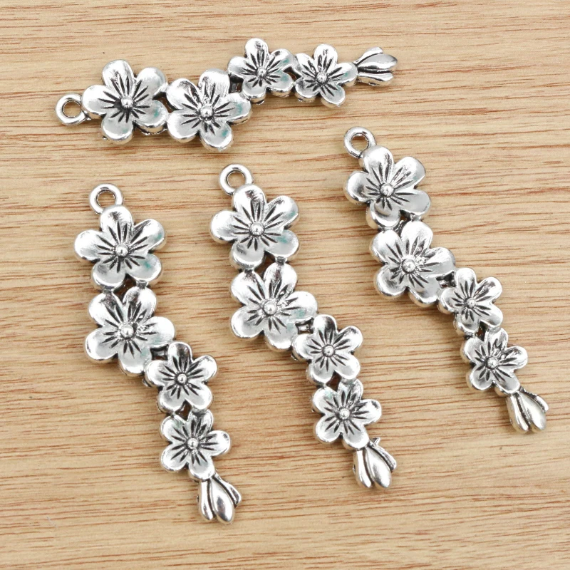 5pcs 56x15mm Antique Silver Plated Flower Style Handmade Charms Pendant:DIY for bracelet necklace