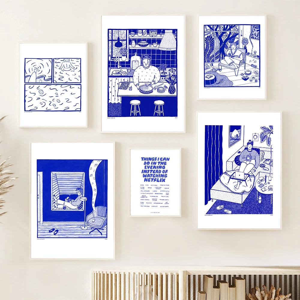 (No frame)Blue Picture Kitchen Living Art Poster Print Simplicity White Abstract Retro Canvas Painting Room Home Decor SwimNo