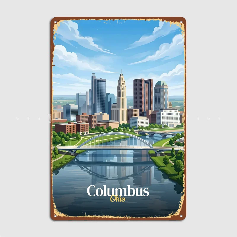 Columbus Ohio Skyline with River Metal Custom Sign Living Room Wall Indoor Decor Room Decoration Bedroom Posters Home Decor