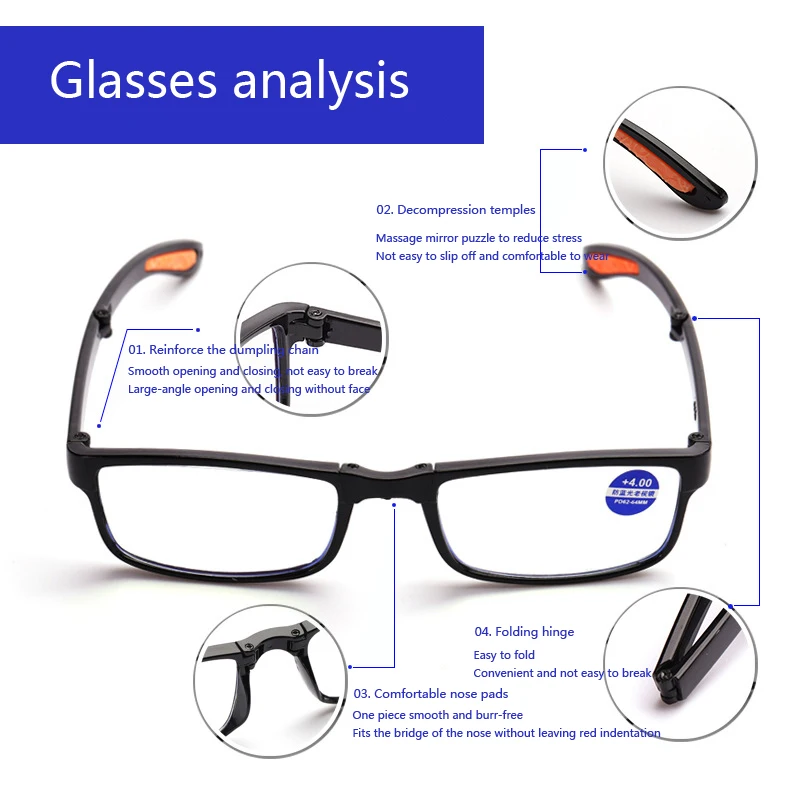 Folding Reading Glasses Diopter +1.0 to +4.0 Anti-blue Light Presbyopia Eyeglasses with Portable Case Men Women TR90 Eyewear