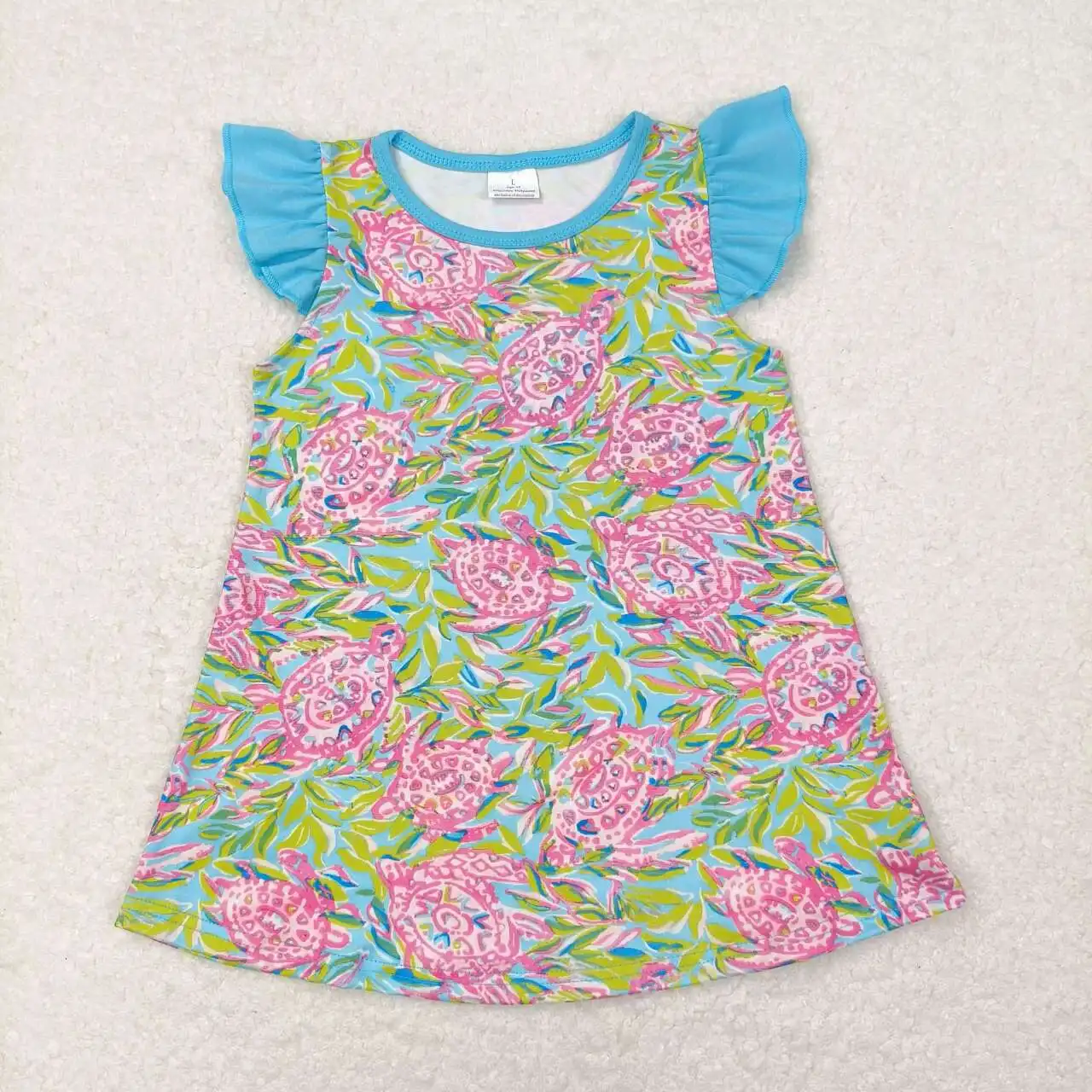 New Fashion Summer Match Baby Girl Turtle Seaweed Blue Flying Sleeve Top Wholesale Children Clothes