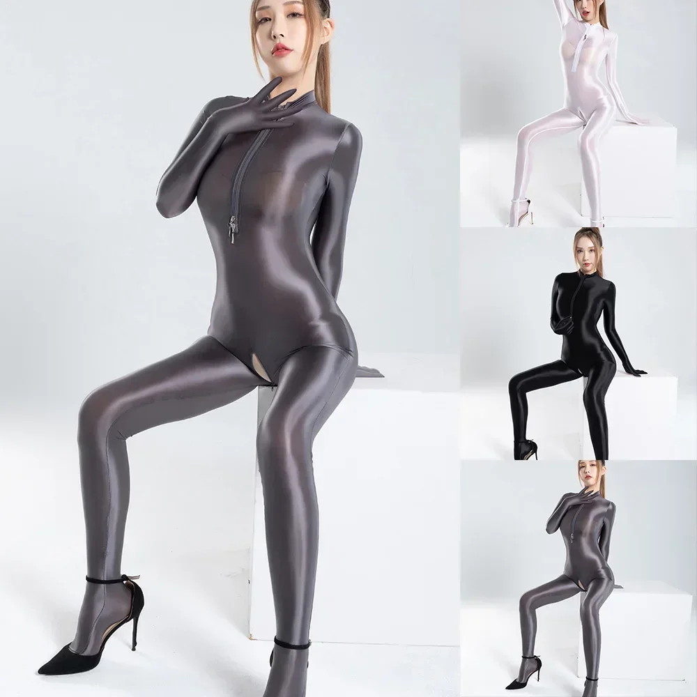 Oil Shinny Full Body Stocking Women Sexy Zip Open Crotch Bodysuit Gloosy Erotic Lingerie Female High Elastic Smooth Jumpsuit