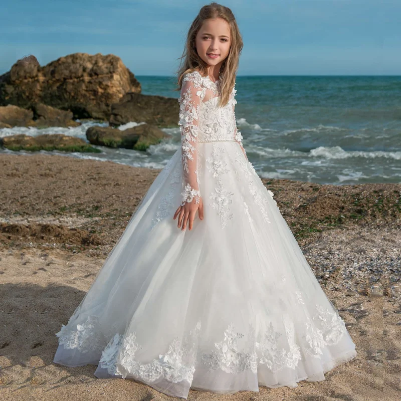 

New Arrivals Flower Girls Long Sleeves Ball Gowns With Pearls Sash Holy First Communion Princess Dresses