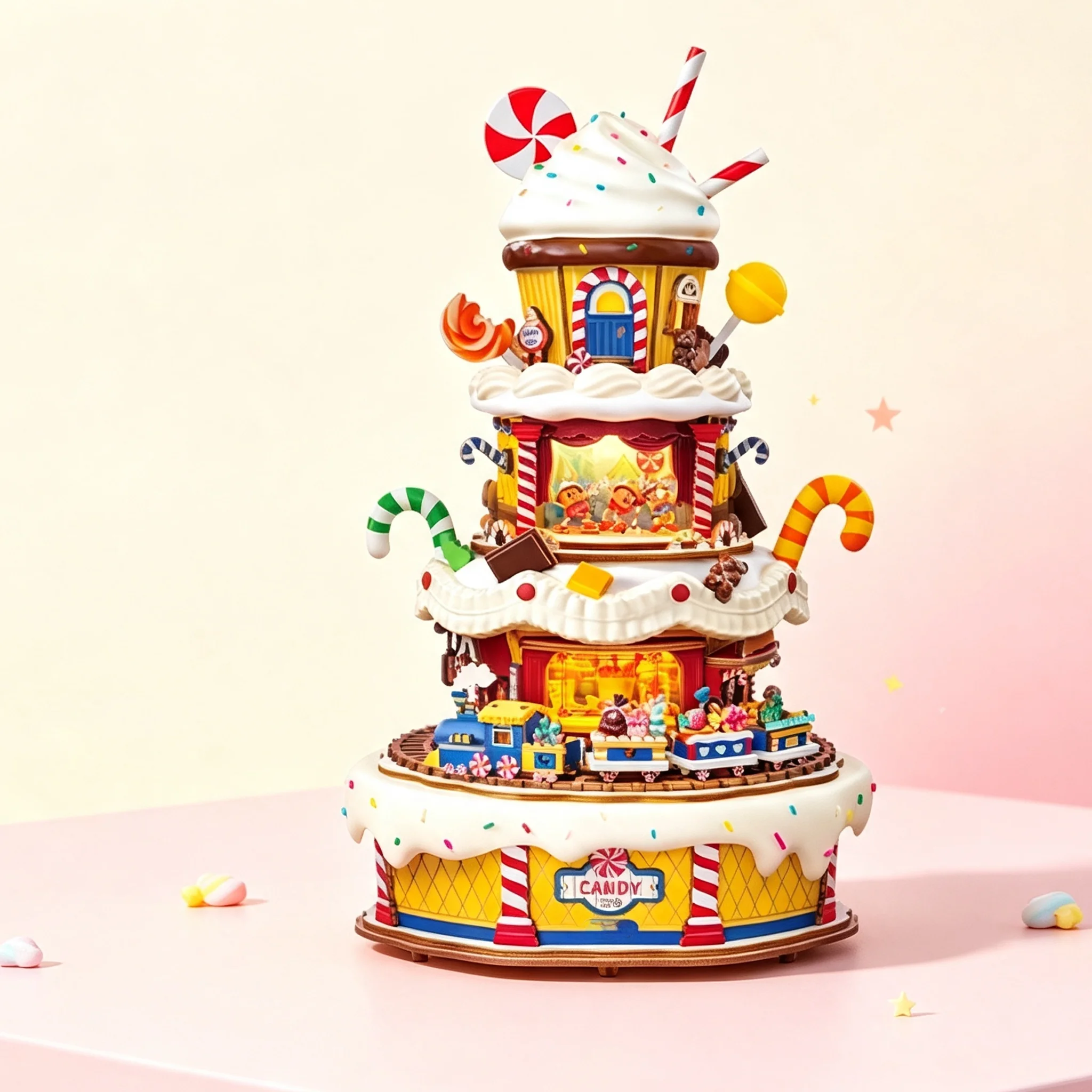 Cake Party Music Box 3D Wooden Puzzle DIY Musical Model Building Kit with LED Light Rotating Display Craft Gift for Women Girls