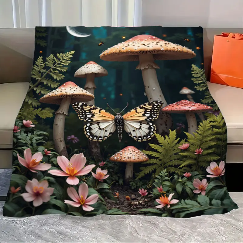 

1pc Flannel Blanket Enchanted Forest Butterfly and Mushrooms Blanket - Nature Scene Throw